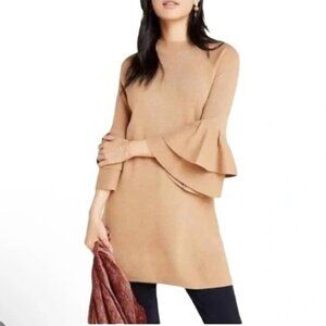 By Anthropologie Claudette Ruffle Metallic Sweater Dress Tunic Beige Gold Small